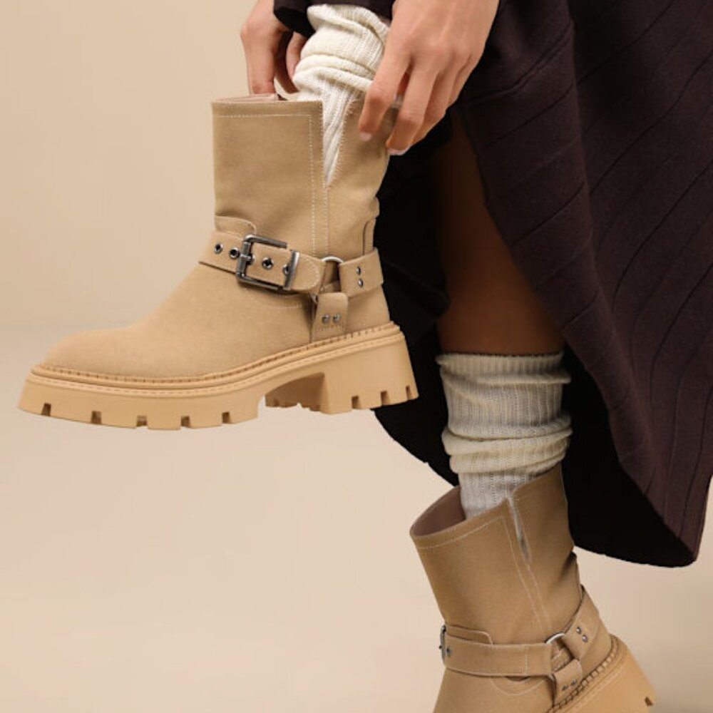 Lulus Rylander Sand Suede Moto Ankle Boots Beige - Size 7